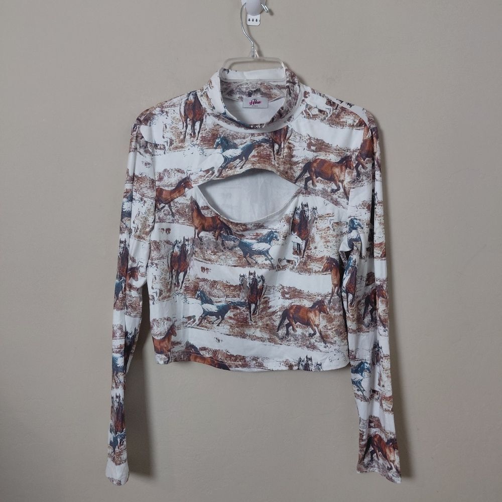 Long Sleeve Cut-Out Crop Top Size XL Stretchy EQUESTRIAN.
